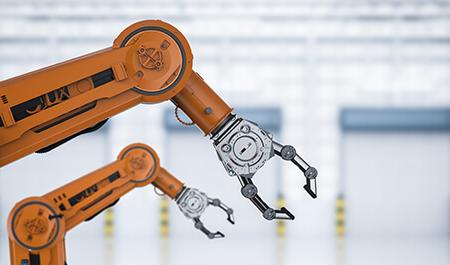 自动化工厂概念与3d渲染机器人手臂在工厂